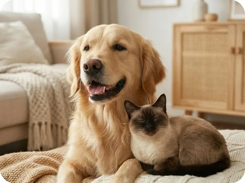 Golden retriever y gato siamés juntos en casa