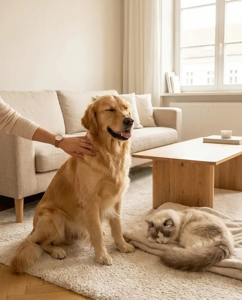 Un golden retriever y un gato ragdoll descansando juntos en un salón